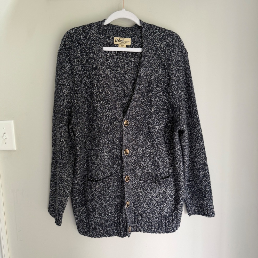 Orton Brothers Cardigan Sweater VTG Blue White Marled Knit Grandpa Pockets Large